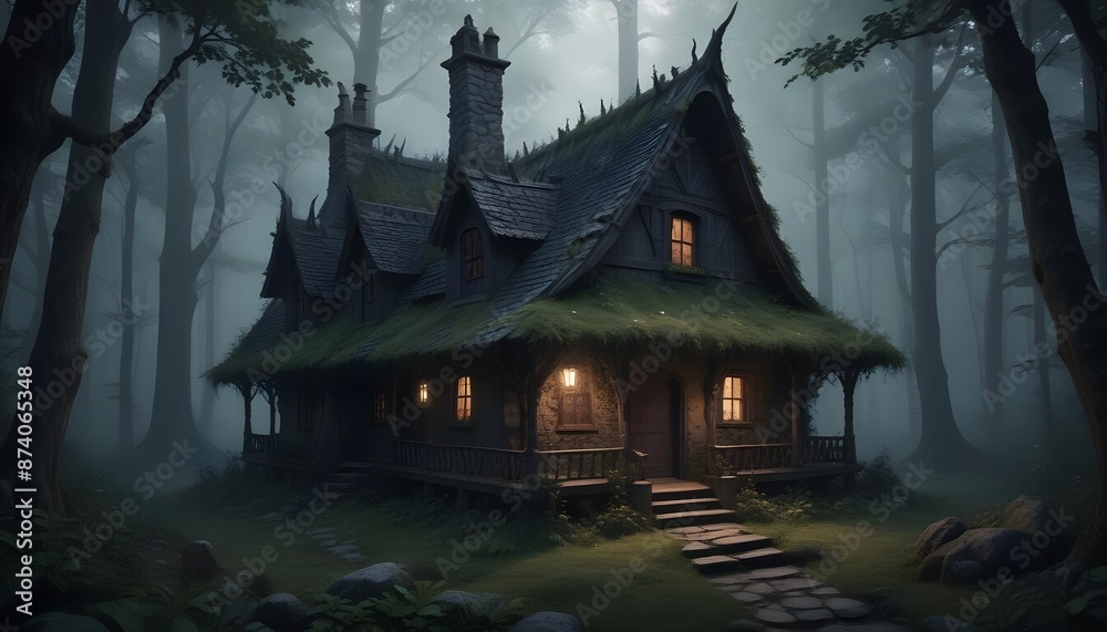 Obraz premium Dark natural witch cottage house in dense forest