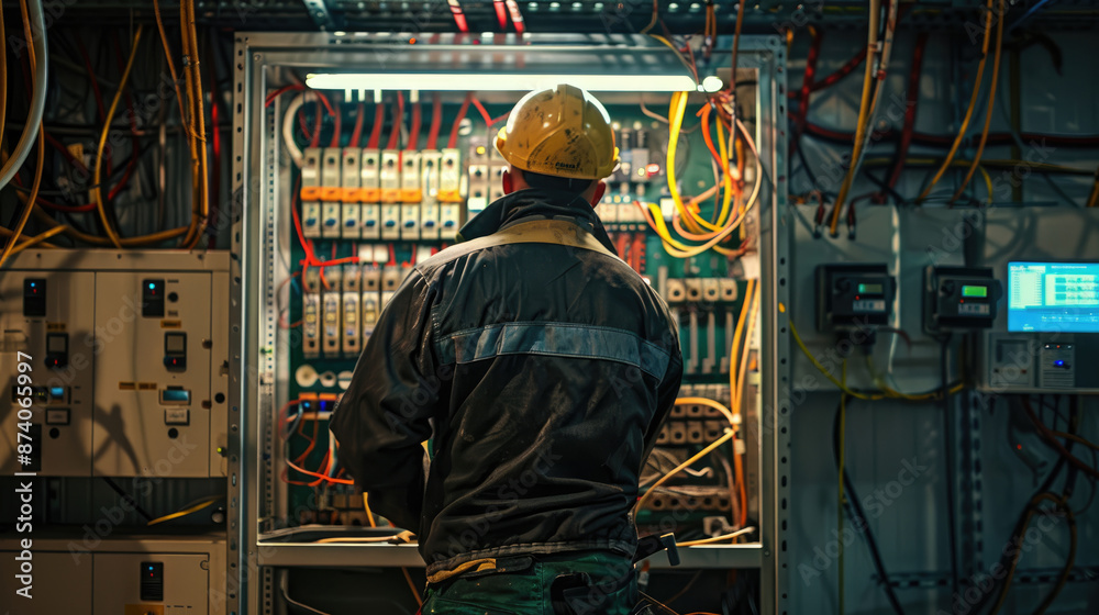 An electrician working on an electrical panel, seen from behind with the full cabinet open and various wires connected to lamps and transacted lights An electrician working on an electrical panel, seen from behind with the full cabinet open and various wires connected to lamps and transacted lights
