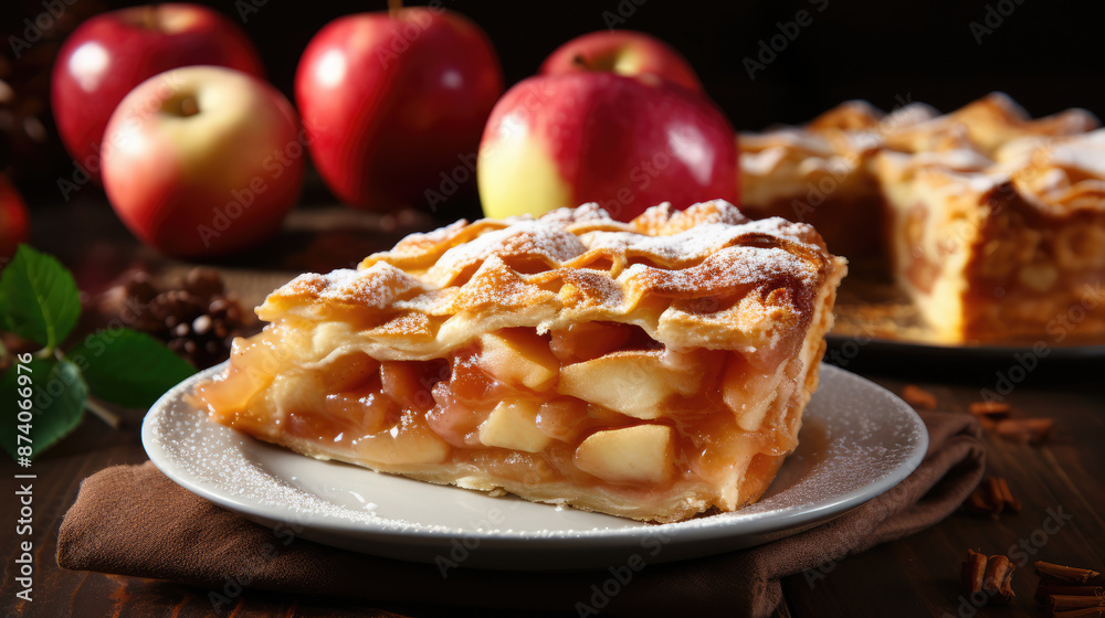 Freshly baked tasty sliced apple pie on white plate., generative ai Freshly baked tasty sliced apple pie on white plate., generative ai