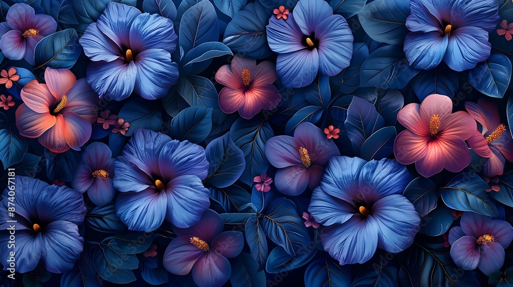 vibrant tropical flowers and leaves pattern with rich shades of blue and purple vibrant tropical flowers and leaves pattern with rich shades of blue and purple