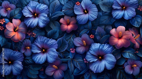 vibrant tropical flowers and leaves pattern with rich shades of blue and purple