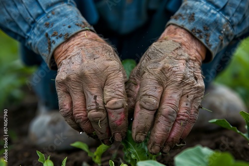 Closeup of a farmer's hands nurturing young plants in fertile soil