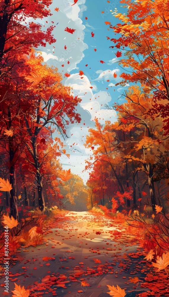 A picturesque path through a vibrant autumn forest, with fallen leaves scattered across the ground. The trees are ablaze with red, orange, and yellow foliage. A picturesque path through a vibrant autumn forest, with fallen leaves scattered across the ground. The trees are ablaze with red, orange, and yellow foliage.