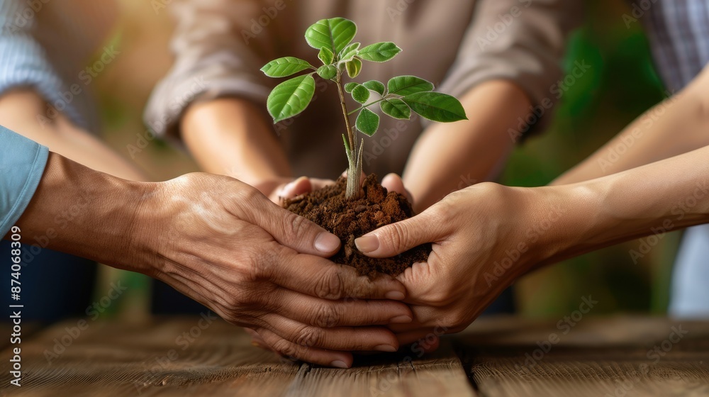 Fototapeta premium Hands holding a young plant together, symbolizing teamwork, growth, and environmental conservation. Perfect for eco-friendly and collaborative themes.