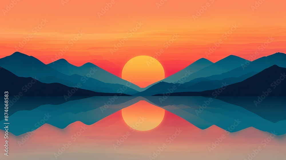Visualize calmness with a tranquil lake reflecting the colors of a setting sun, creating a peaceful atmosphere. Illustration, Image, , Minimalism,