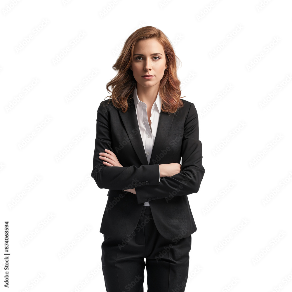 Confident businesswoman with arms crossed in black suit, isolated on transparent background. Confident businesswoman with arms crossed in black suit, isolated on transparent background.