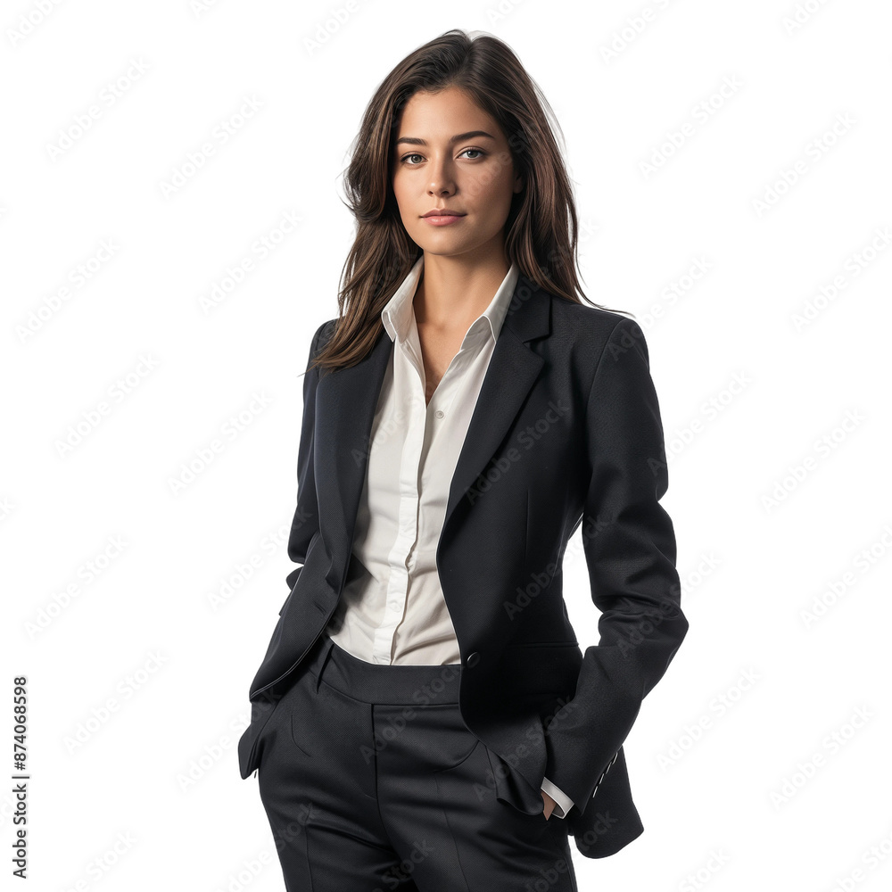 Confident businesswoman in black suit with hands in pockets, isolated on transparent background. Confident businesswoman in black suit with hands in pockets, isolated on transparent background.