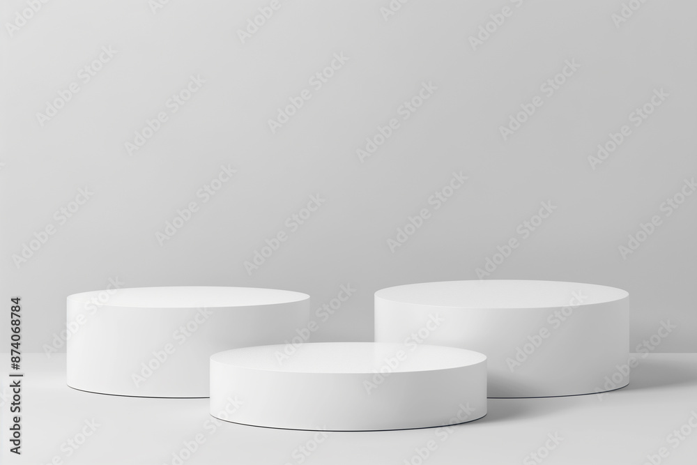3 white podiums for product display like cosmetics, on a white background, without product, only podiums 3 white podiums for product display like cosmetics, on a white background, without product, only podiums