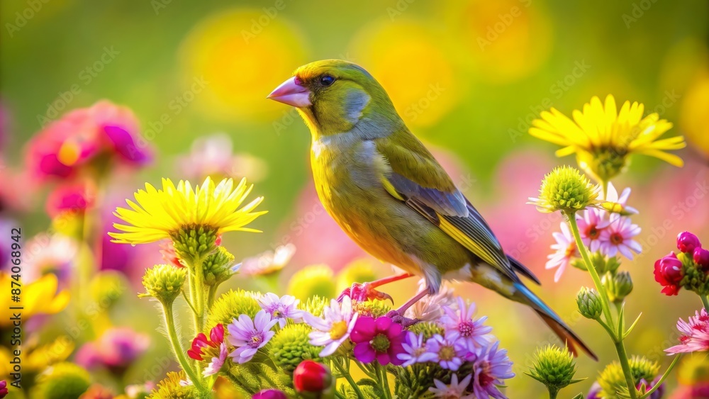 Vibrant European greenfinch perches on colorful blooming flowers in a lush meadow, surrounded by soft focus greenery and sunny ambiance.
