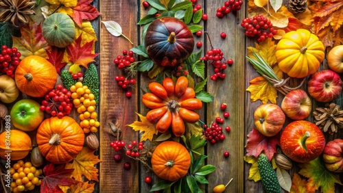 Vibrant seasonal backgrounds featuring artistic arrangements of autumnal elements, including pumpkins, berries, leaves, and fruits in warm, rich colors. photo