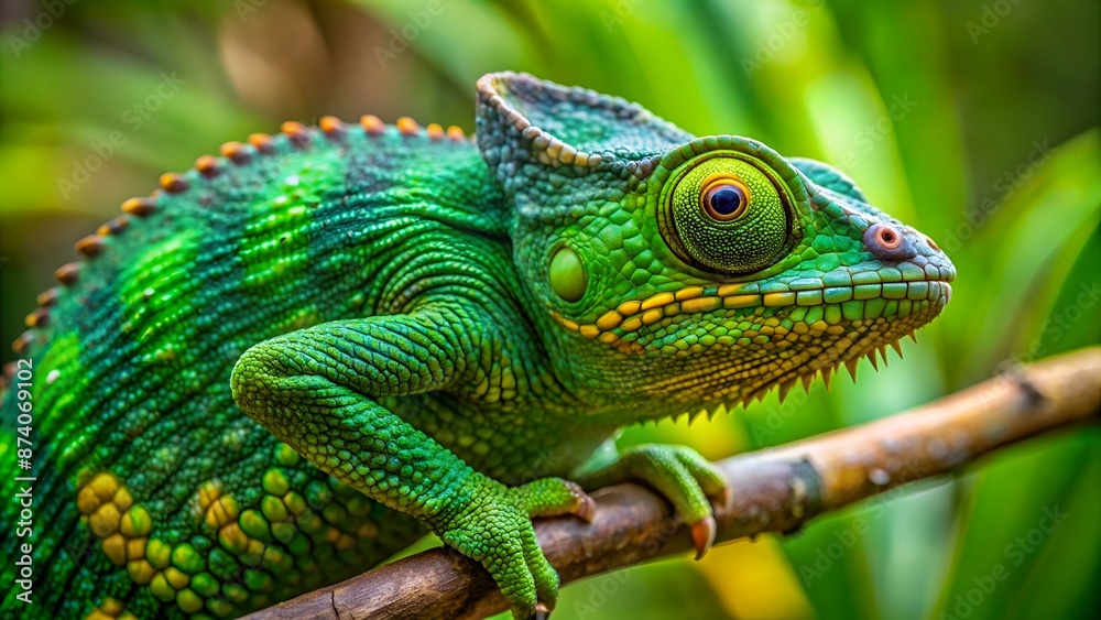 Madagascar endemic panther green chameleon at jungle Lokobe Reserve, Nosy Be in Madagascar Madagascar endemic panther green chameleon at jungle Lokobe Reserve, Nosy Be in Madagascar