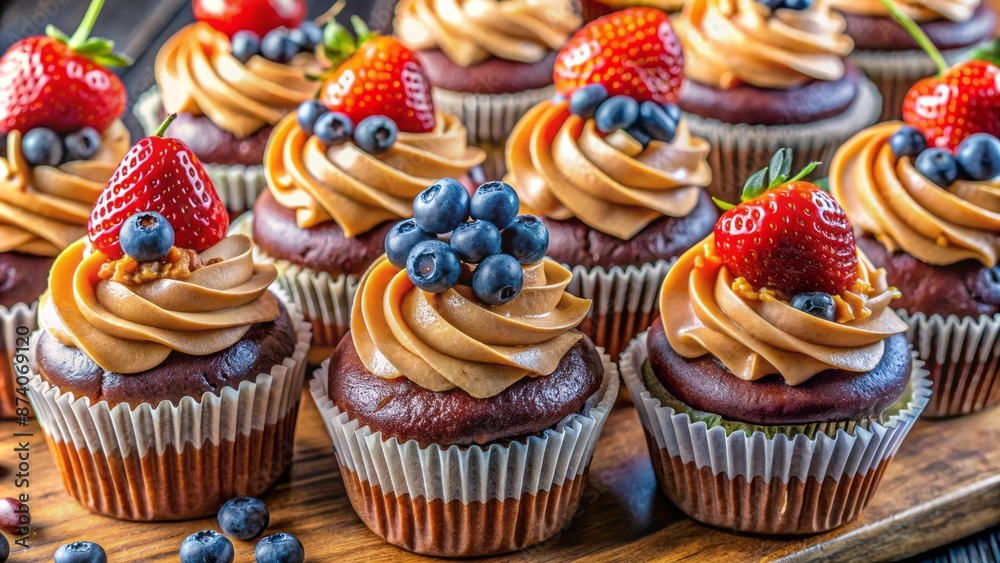 A decadent assortment of cupcakes features rich chocolate, caramel, blueberry, and strawberry cream toppings in a vibrant colorful arrangement. A decadent assortment of cupcakes features rich chocolate, caramel, blueberry, and strawberry cream toppings in a vibrant colorful arrangement.
