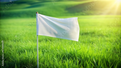 A solitary white flag with a gentle curve, prominently standing against a vibrant, lush green grass background, evoking freshness. photo