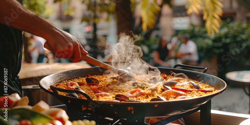 Delicious paella served in an outdoor restaurant on a city street in Spain.
