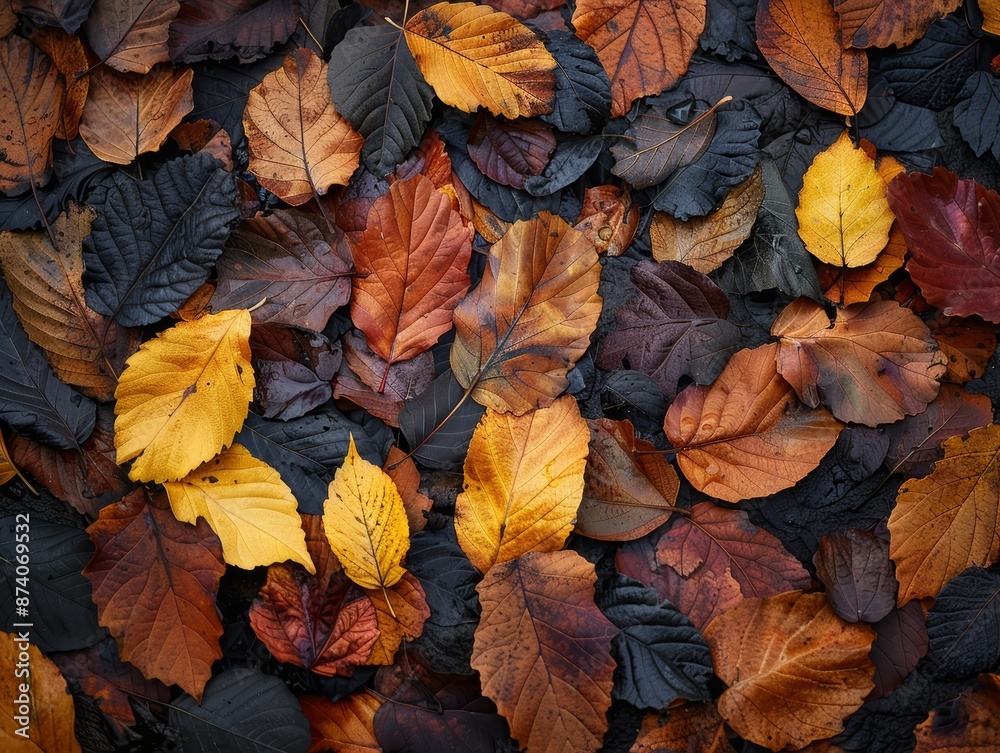 A close-up of fallen leaves in various shades of brown, yellow, and red. The leaves create a natural, textured background. A close-up of fallen leaves in various shades of brown, yellow, and red. The leaves create a natural, textured background.