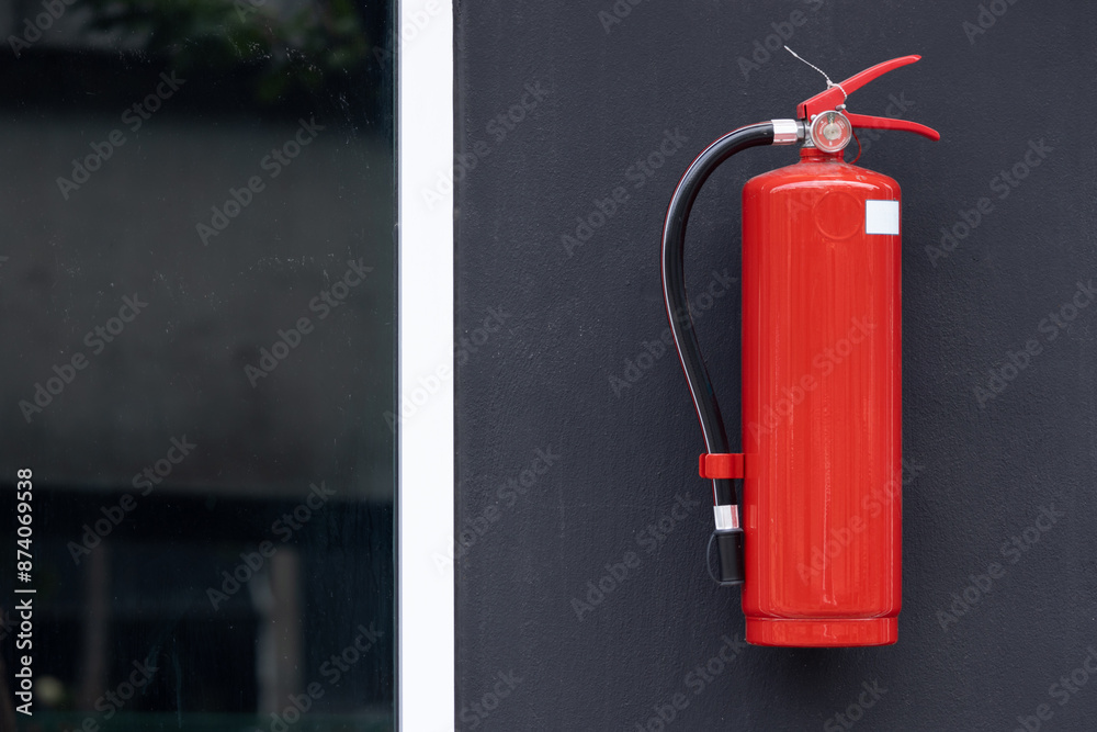 A red fire hydrant is mounted on a wall