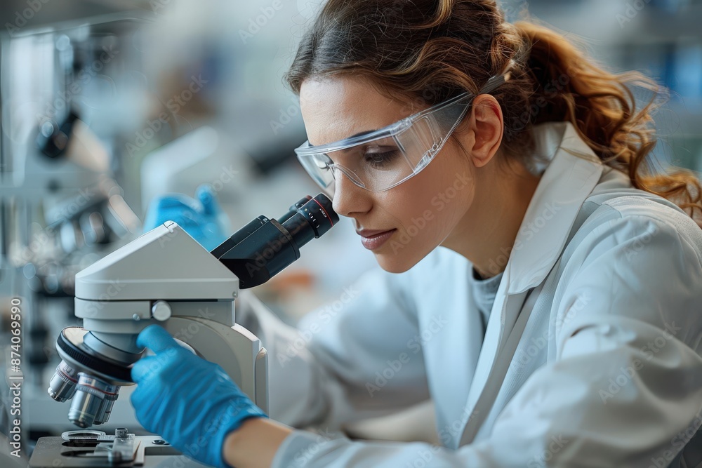 A scientist dressed in a white lab coat and blue gloves is intently observing samples through a microscope in a modern laboratory, highlighting attention to detail and focus in scientific research. A scientist dressed in a white lab coat and blue gloves is intently observing samples through a microscope in a modern laboratory, highlighting attention to detail and focus in scientific research.