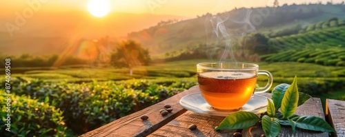 A cup of tea on a wooden table in a tea plantation