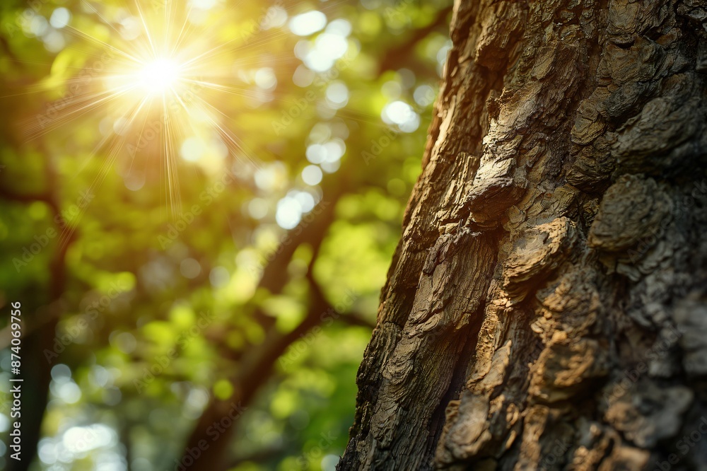 Obraz premium Sunlight illuminating the rough bark of a tree in a forest with a blurred background
