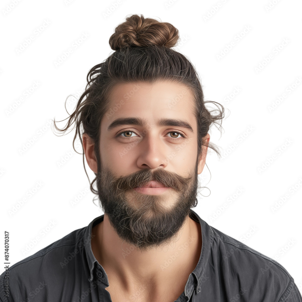 Man with a beard and styled mustache with top knot, isolated on transparent background. Man with a beard and styled mustache with top knot, isolated on transparent background.