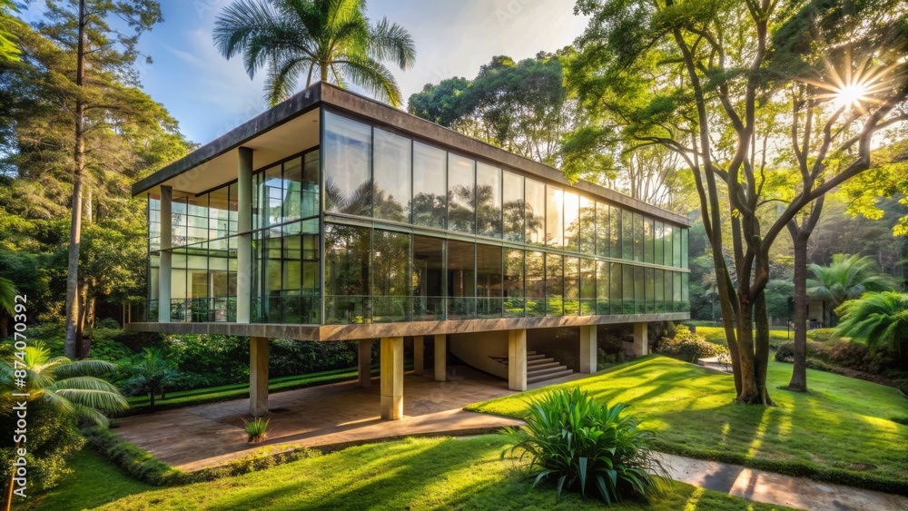 Naklejka premium Modernist glass and concrete building surrounded by lush greenery and tropical trees near Ibirapuera Park in S?o Paulo Brazil morning light.