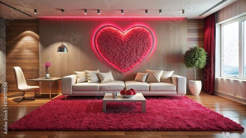 Luxurious modern living room with heart-shaped pink carpet, sleek white sofa, and oversized red metal wall sculpture, exuding romantic ambiance.