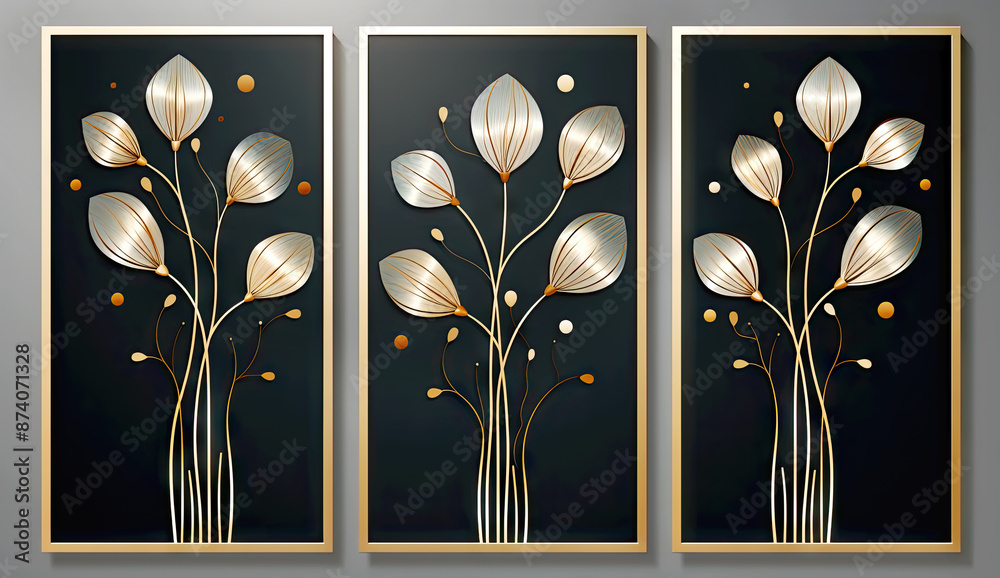 Set of three elegant 3D floral wall art panels with gold flowers on a ...