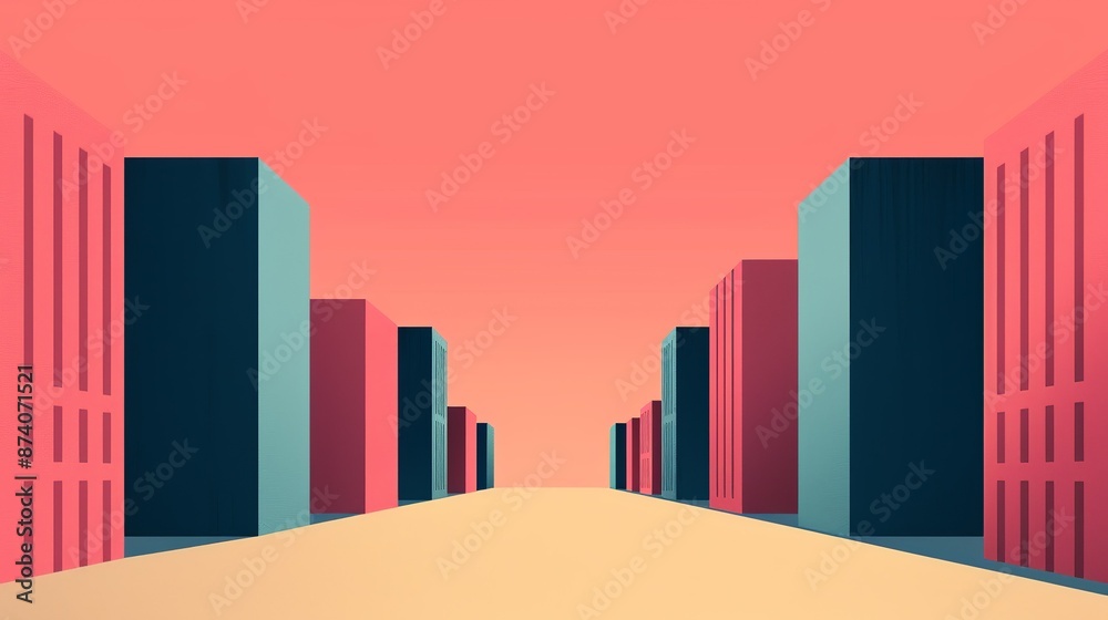 Design a sophisticated urban scene with balanced geometric elements and a harmonious color palette, conveying modernity and style. Illustration, Image, , Minimalism, Design a sophisticated urban scene with balanced geometric elements and a harmonious color palette, conveying modernity and style. Illustration, Image, , Minimalism,