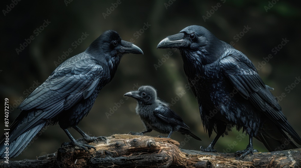 Obraz premium Contrasting Ravens: Large and Robust Raven next to Small and Slender Companion on Tree Branch