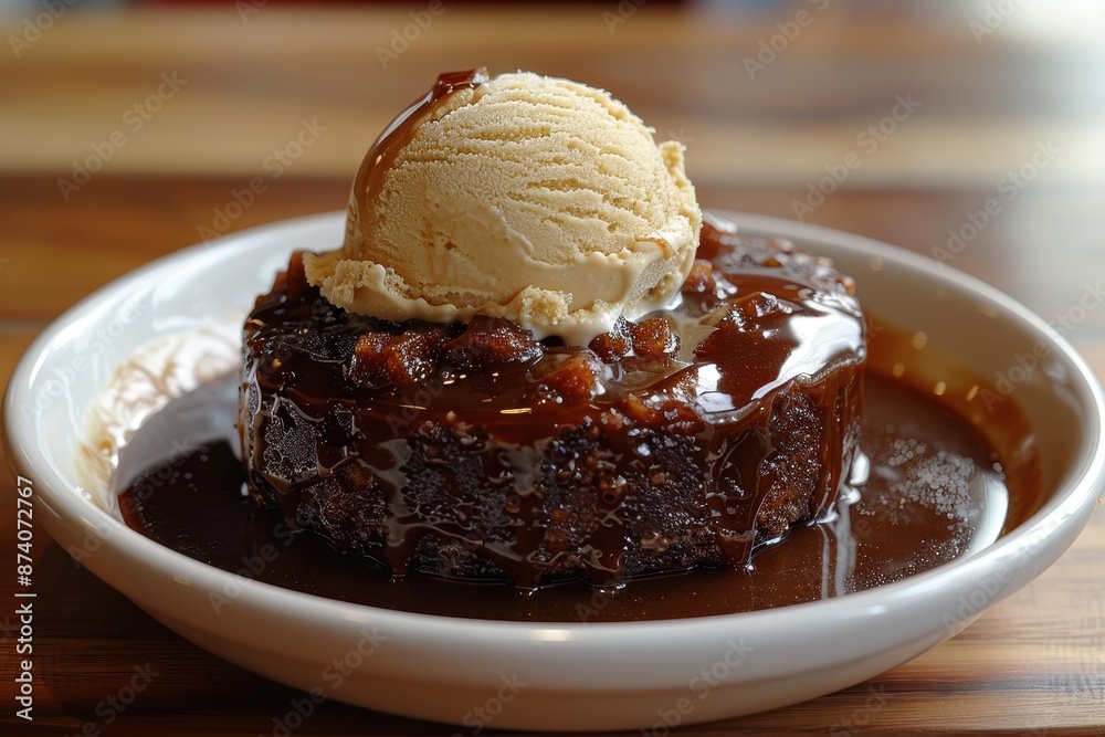 A bowl of sticky toffee pudding, served warm with a drizzle of toffee sauce and a scoop of vanilla ice cream. A bowl of sticky toffee pudding, served warm with a drizzle of toffee sauce and a scoop of vanilla ice cream.
