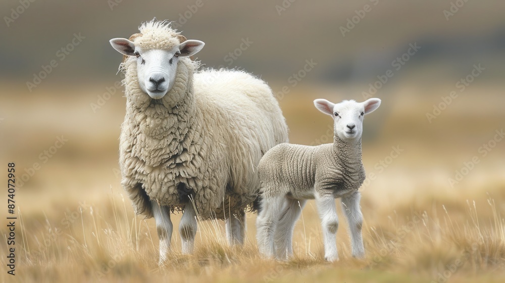 Fototapeta premium Contrasting Sizes: Big Fluffy Sheep Beside Small Slender Lamb in Lush Green Field