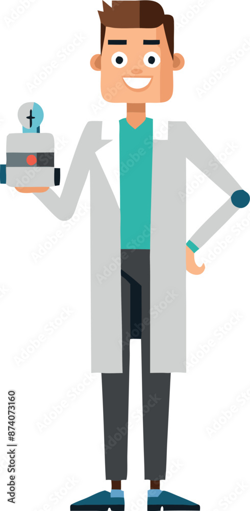 Cheerful Scientist Holding Invention in Lab Coat Illustration Cheerful Scientist Holding Invention in Lab Coat Illustration