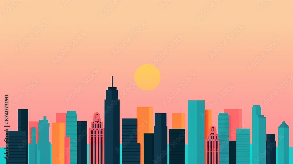 Design a sophisticated cityscape with precise geometric elements and a harmonious color palette, conveying a sense of urban sophistication and modern style. Illustration, Image, , Minimalism, Design a sophisticated cityscape with precise geometric elements and a harmonious color palette, conveying a sense of urban sophistication and modern style. Illustration, Image, , Minimalism,