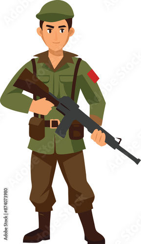 Cartoon Soldier Holding Rifle in Military Uniform