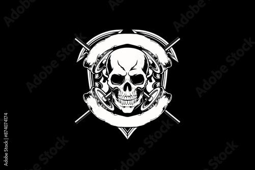Skull head with cross barbell GYM logo vector template