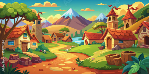 A background for a story or game. A brook running between mountains, a wooden house on the bank