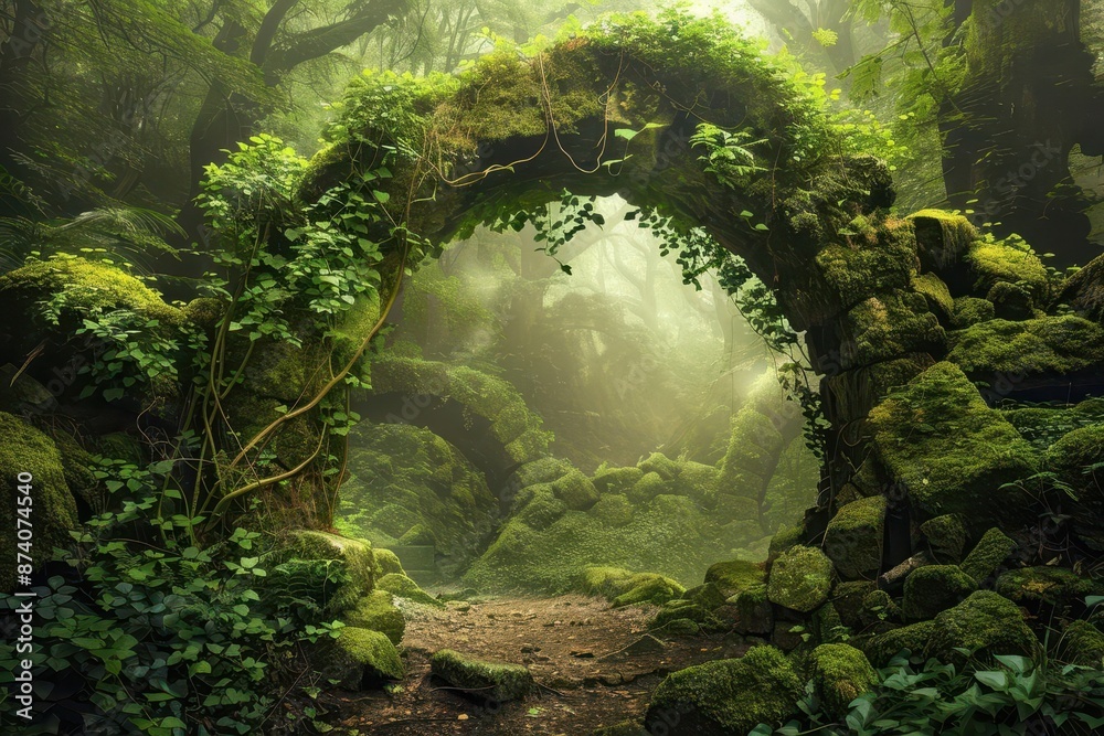 ancient stone arch in lush forest mosscovered rocks ethereal light filtering through leaves mystical ambiance