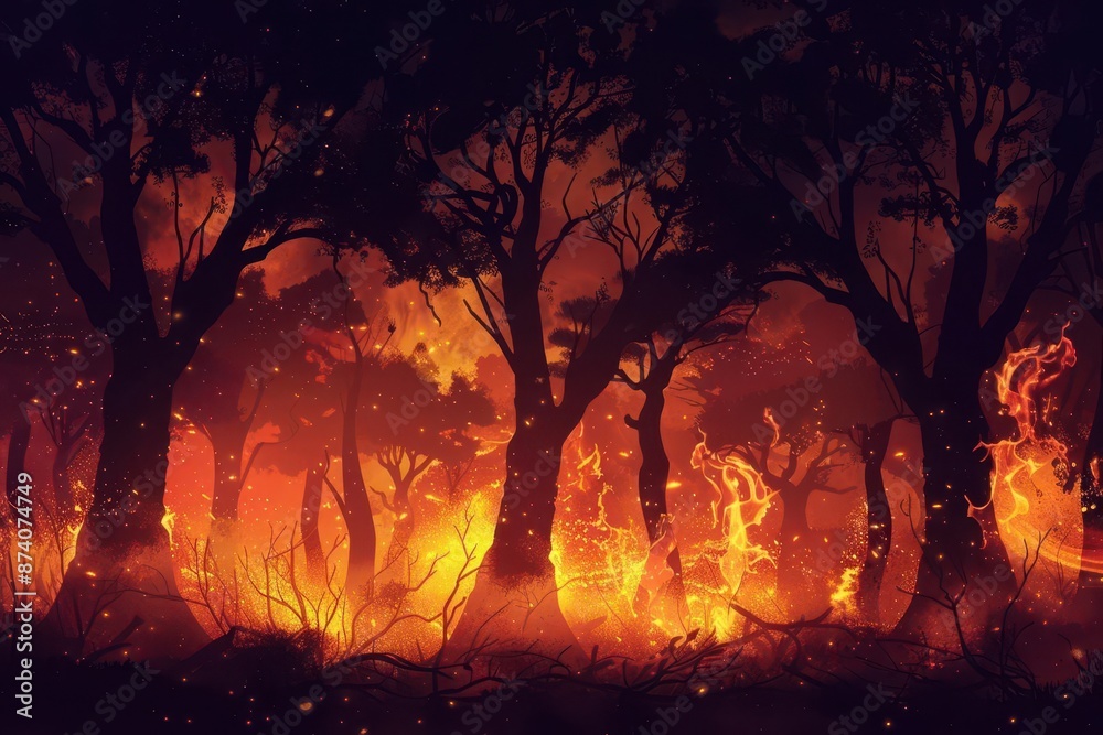 apocalyptic forest fire scene silhouetted trees engulfed in flames smoky night sky with embers dramatic orange glow environmental disaster illustration apocalyptic forest fire scene silhouetted trees engulfed in flames smoky night sky with embers dramatic orange glow environmental disaster illustration