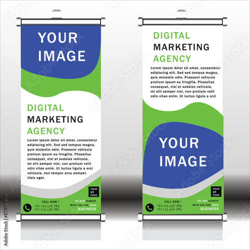 Modern roll-up banner template for a digital marketing agency. Sleek design with placeholders for images and text.Perfect for events, trade shows and promotions to attract clients and boost your brand