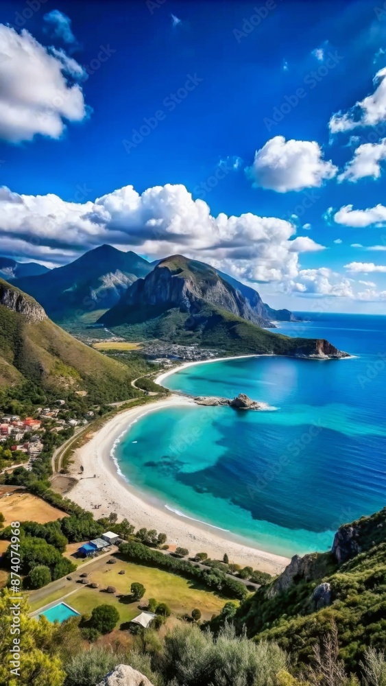 Obraz premium An aerial view of a stunning coastal area featuring a long stretch of beach with white sand and turquoise waters.