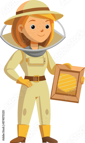 Cartoon Beekeeper Holding Beehive Frame in Protective Suit