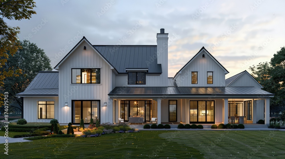A sleek, two-story modern farmhouse with a distinct gabled roof, incorporating elements of steel and glass for a contemporary twist on the traditional farmhouse aesthetic. A sleek, two-story modern farmhouse with a distinct gabled roof, incorporating elements of steel and glass for a contemporary twist on the traditional farmhouse aesthetic.