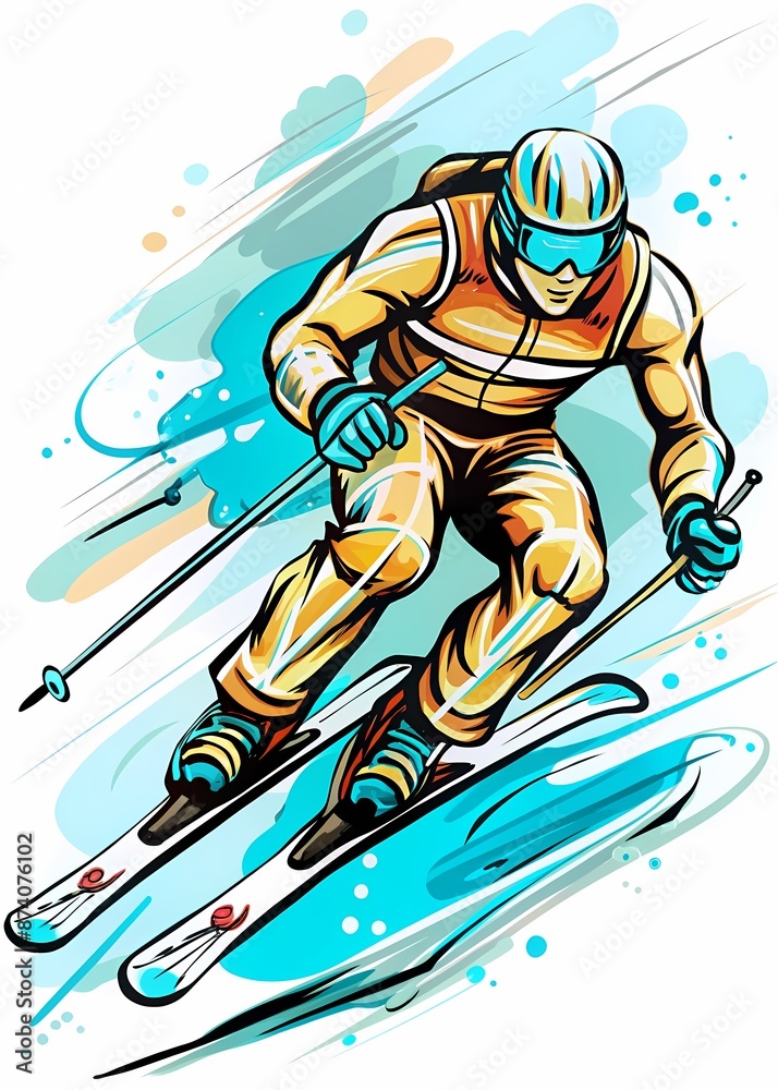 Obraz premium Alpine Adventure: A Dynamic Depiction of Downhill Skiing, ideal for use in winter sports publications, ski resort advertisements, educational materials about skiing techniques, or promotional content 