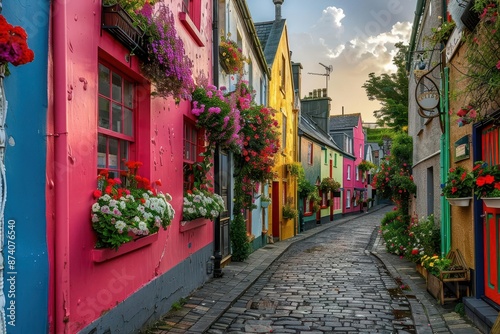 charming irish coastal town vibrant colored houses lining narrow cobblestone street flower boxes overflowing warm golden hour light photo