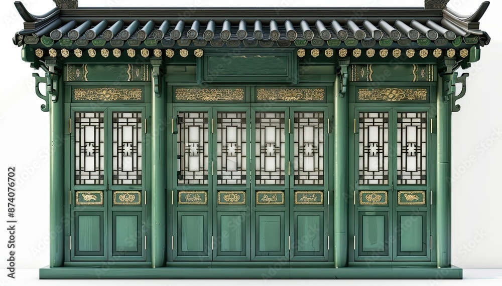 Fototapeta premium luxury green folding door and window antique with korean ornament wood frame pattern on white background 