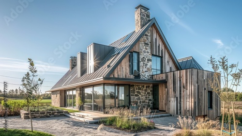A unique modern farmhouse with an asymmetrical gabled roof, incorporating rustic wood, stone, and metal materials, set in a picturesque rural location.
