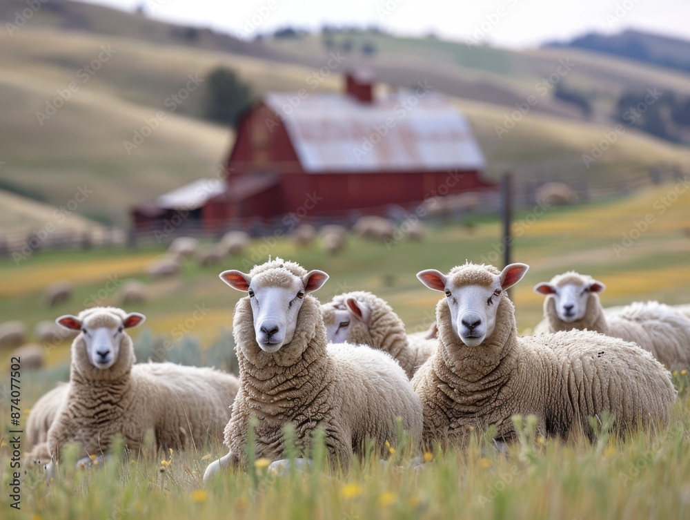 Obraz premium Serene Pastoral Scene of Flock of Sheep Resting in Green Pasture with Charming Rustic Barn in Background