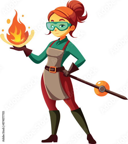 Female Glassblower Holding Molten Glass Artwork with Flame