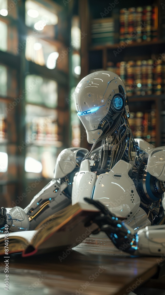 Humanoid AI robot reading against a fuzzy background in a library Humanoid AI robot reading against a fuzzy background in a library