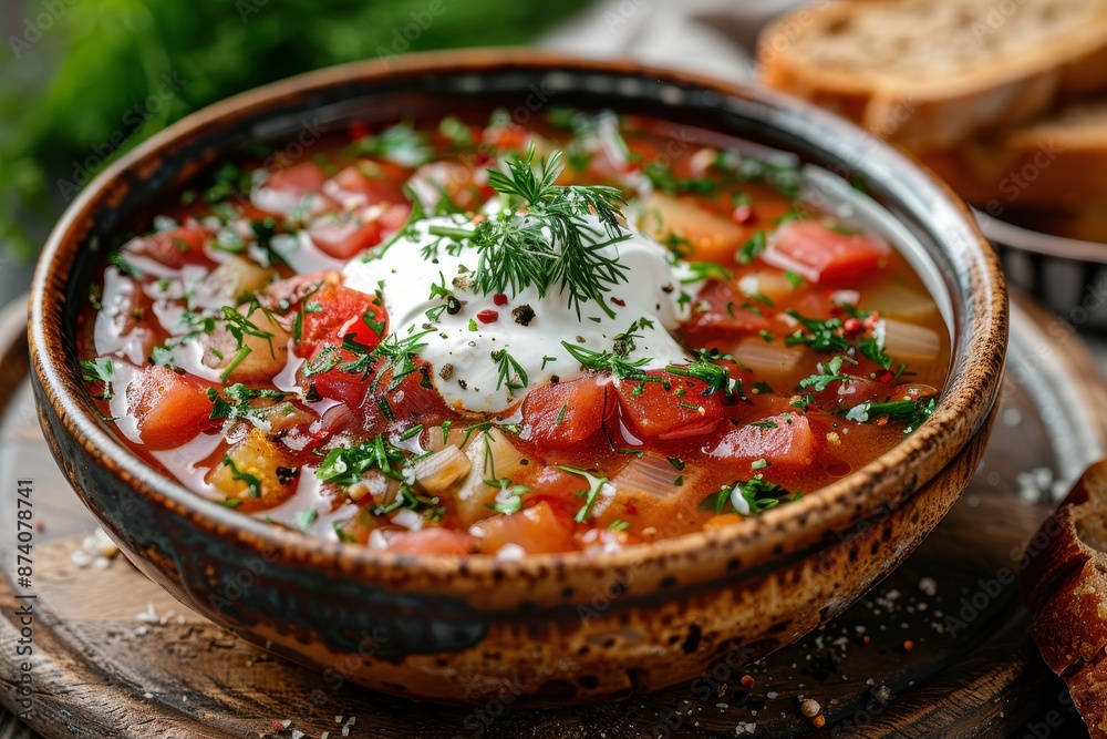 A bowl of traditional borscht, garnished with a dollop of sour cream and fresh dill, served with a side of rye bread. A bowl of traditional borscht, garnished with a dollop of sour cream and fresh dill, served with a side of rye bread.
